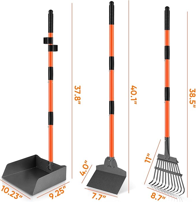 Pooper Scooper, Extra Large Long Handle Dog Pooper Scooper for Dogs Heavy Duty, Pet Supplies Stainless Metal Tray, Spade and Rake Set, Use on Grass, Dirt or Gravel