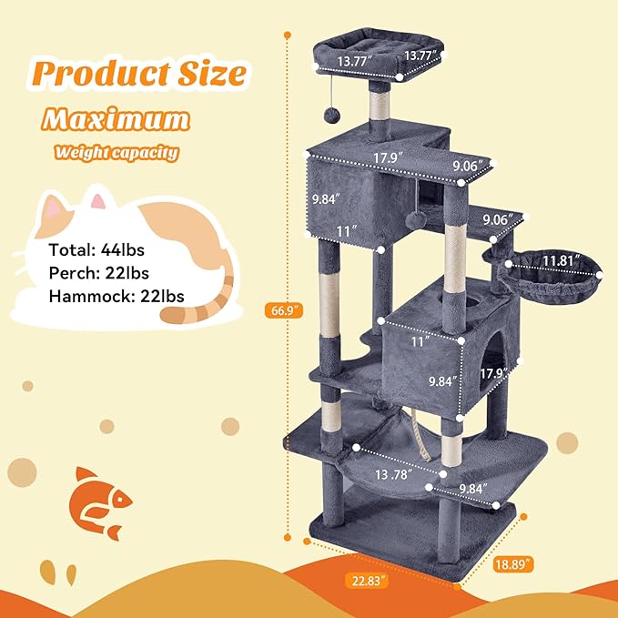 Sweetcrispy 66 Inch Cat Tree Tower, Multi Level Cat Climbing Tower with Natural Sisal Scratching Posts, Hammock, Pet Condo for Indoor Cats and Kittens Play, Dark Grey