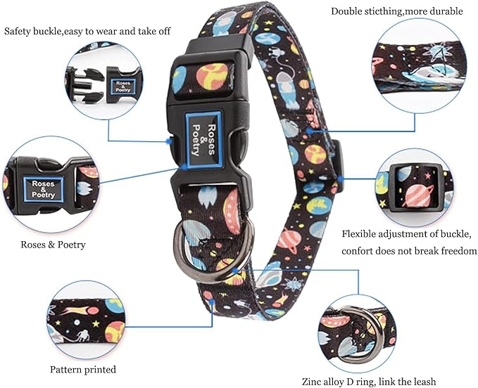 Roses&Poetry Dog Collar with Colourful Star Patterns, Adjustable Durable Puppy Collars for Small Medium Large Dogs (Star-S)