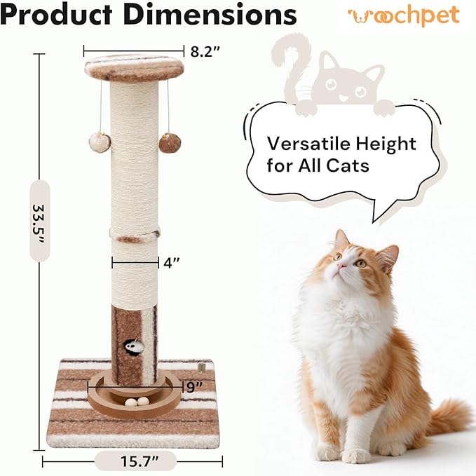 34inches Tall Cat Scratching Post with Cat Ball Track Toy Heavy Duty and Thicker Large Diameter Natural Sisal Cat Scratcher Post for Large Cats and Small Cats Protect Your Furniture