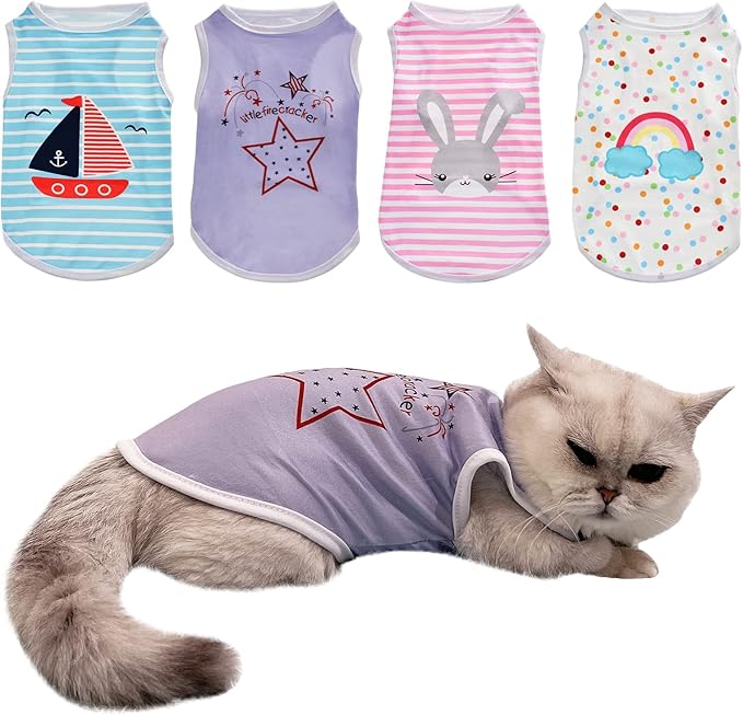 4Pcs Dog & Cat Shirts - Polka Dot & Stripe Sleeveless T-Shirts, Soft Breathable Pet Vests for Small to Medium Dogs & Cats