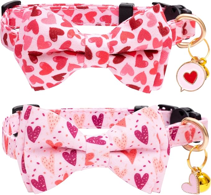 Faygarsle 2 Pack Valentine's Day Cat Collar Cute Loving Heart Printed Collar with Bow tie Breakaway Pink Purple Cat Collar for Boy Girl Cats