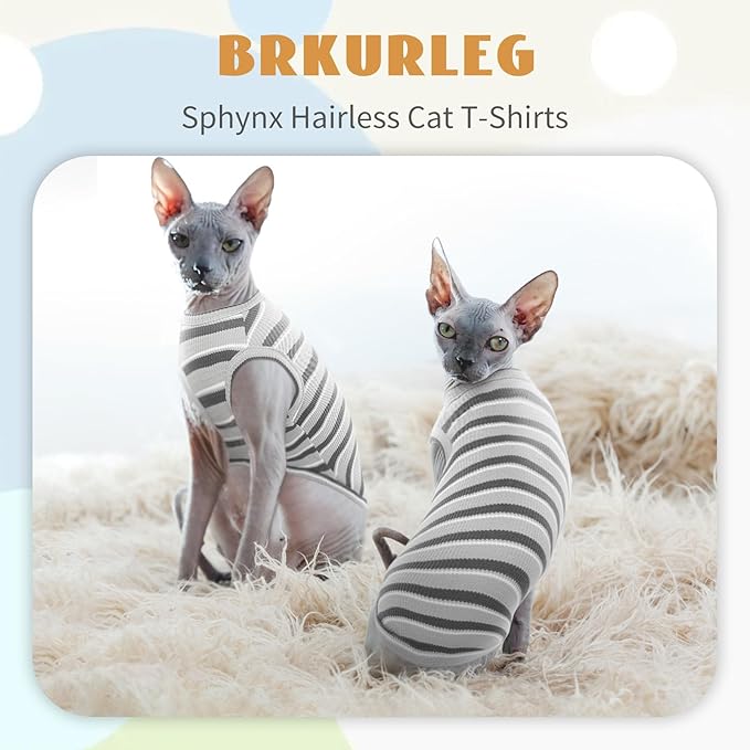 BRKURLEG Hairless Cats T Shirt, Cat Sweaters, Pullover Kitten Shirts, Sleeveless Round Collar Cotton Vest for Cornish Rex Devon Rex Peterbald and Small Dogs Sweater(Grey Stripes, XL)