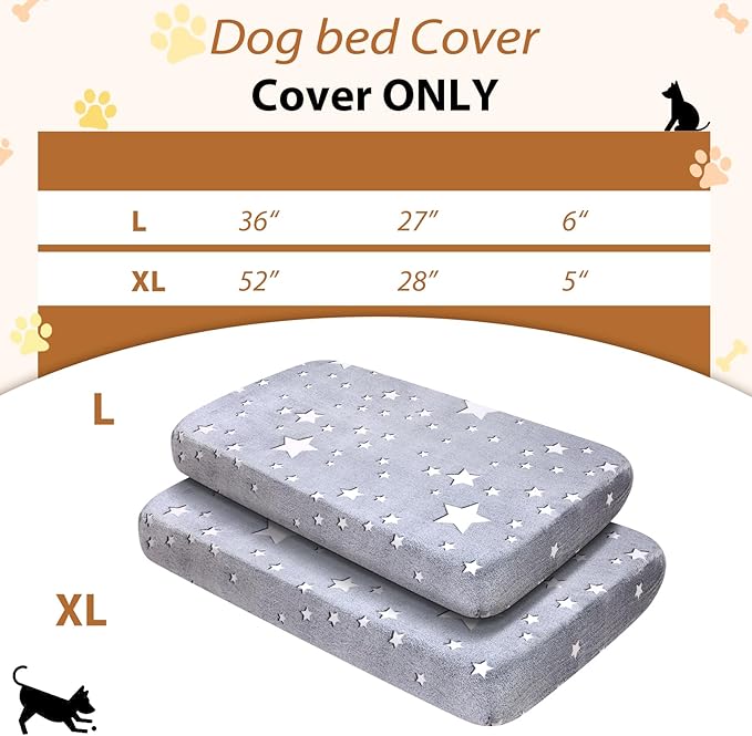 Flannel Waterproof Dog Bed Covers Replacement Washable, Elastic Edged Dog Bed Sheet with Glow in the Dark Star Design for Large & Medium Pet Beds, Cover Only (Gray, 52.0"L x 28.0"W x 5.0"Th)