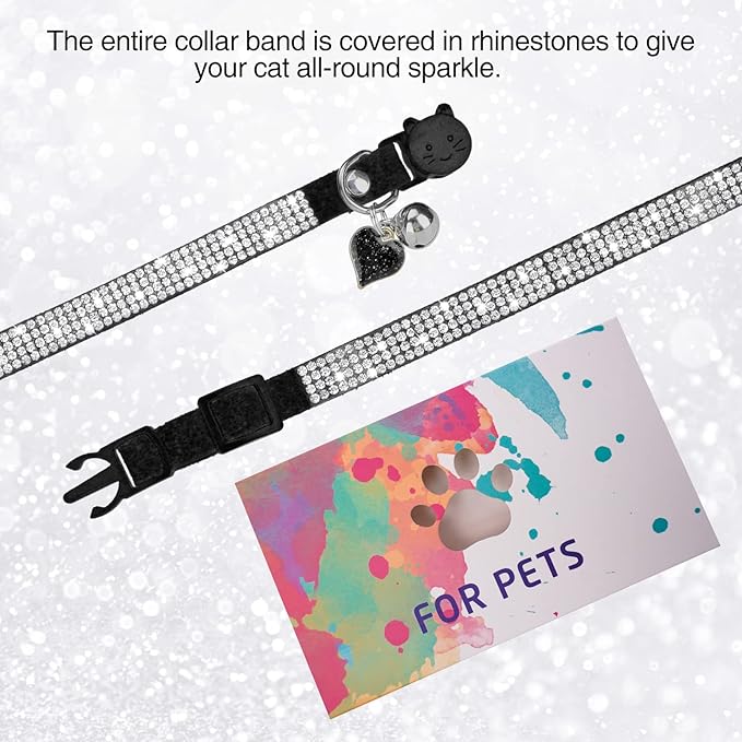 Rhinestone Cat Collar Breakaway with Bell, Diamond Cat Collar with Safety Buckle Quick Release for Girl Boy Small Kitten Pets Puppy,Cute Soft Female Male Cat Collars, Color Black 7-9"