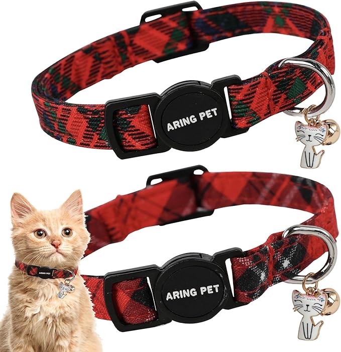 ARING PET 2 Pack Christmas Cat Collars-Cute Cat Collar Breakaway with Bell&Pendant, Adjustable Christmas Plaid Kitten Collars with Safety Buckle for Girl and Boy Cats