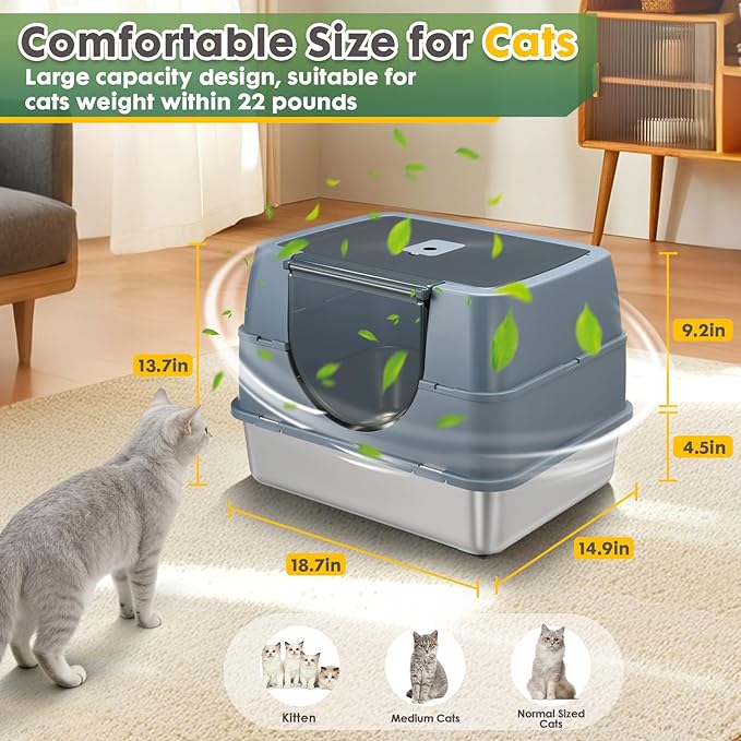 Stainless Steel Litter Box with Lid,Side Entry Large Litter Box,Enclosed High Sided Litter Boxes with High Sided Enclosure&Scoop,Anti-Urine Leakage Non-Sticky for Kitty&Medium Cats(Grey)