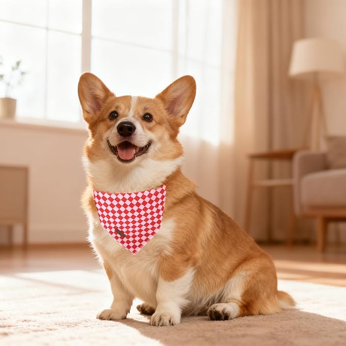 Red and Pink Plaid Dog Bandana–Red and Pink Checked Triangle Scarf for Small Medium Large Dogs, Soft Cotton Pet Bib for Dogs, Adjustable Dog Kerchief