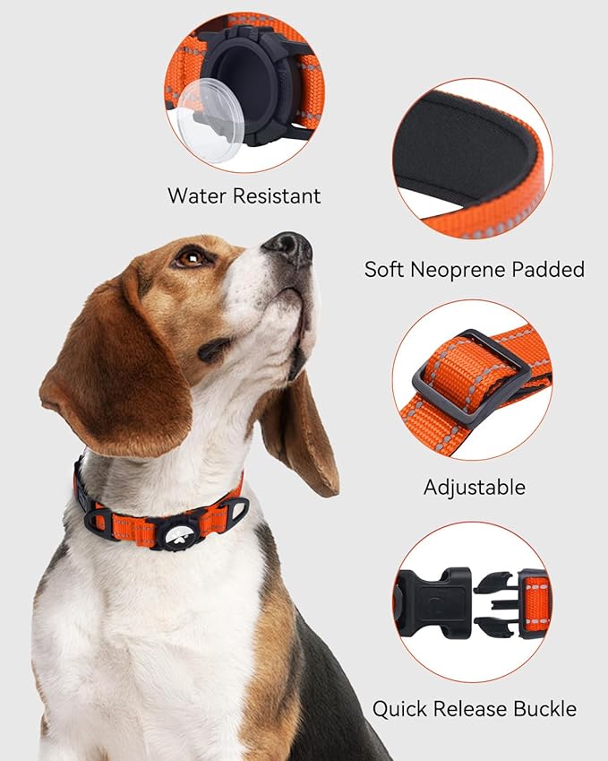 Joytale Airtag Dog Collar, Reflective Pet Collar with Waterproof AirTag Holder, Dual D-Rings, Soft Padded Adjustable for Large Dogs, Orange, L