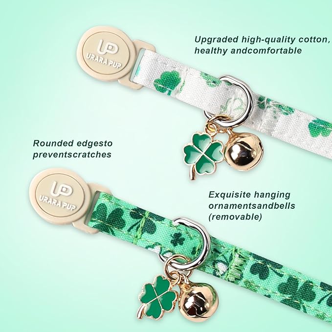 2Pack St. Patrick's Day Cat Collars, Spring Green Shamrock Cat Collars with Safety Buckle for Cats