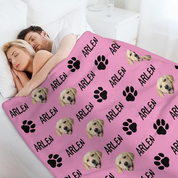 Personalized Paw Print Dog Blanket with Pet Name Face-Custom Puppy Blankets with Picture for Dogs-Customized Dog Memorial Throw Fleece Blanket-Loss of Pets Supplies Sympathy Gift for Bed Sofa Travel