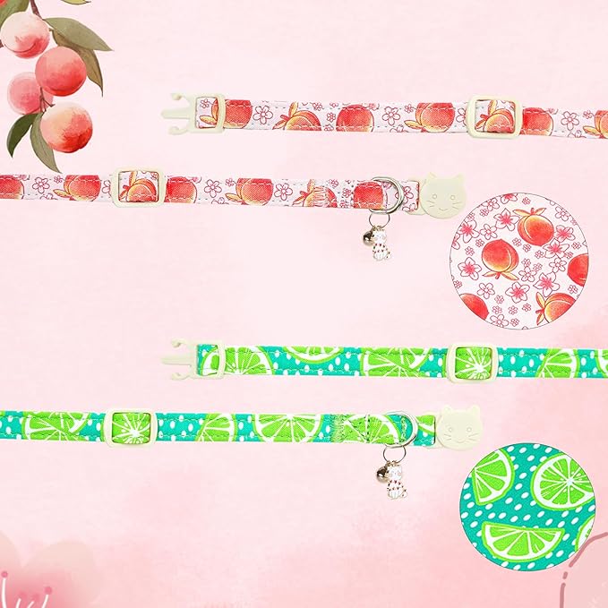 Cat Collar-2 Pack Cute Cat Collars Peach & Lemon Print Breakaway with Kitten and Bell Pendant Safety Buckle Pet Collar Soft Cotton Collar for Cats and Small Pets Gift