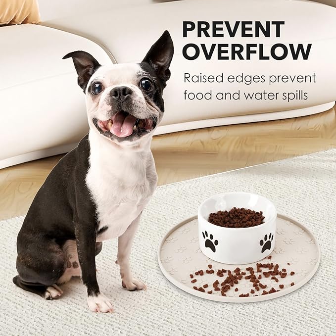 Silicone Pet Food Mat - Waterproof Dog Food Bowl Mat Cat Feeding Mat Thicker Pet Placemat Eating Mat with High Lip to Prevent Spills, Dog Cat Water Bowl Mat for Messy Drinkers to Protect Floors, Beige