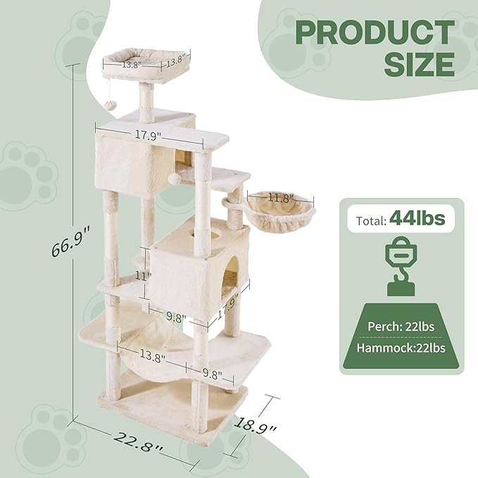 Cat Tree for Indoor Cats, 66 Inches Cat Tower with Scratching Post, Multi-Level Climbing Tree Cat House Padded Plush Perch, Cat Condo Activity Center with Pompoms, Kittens Pet Play House, Beige