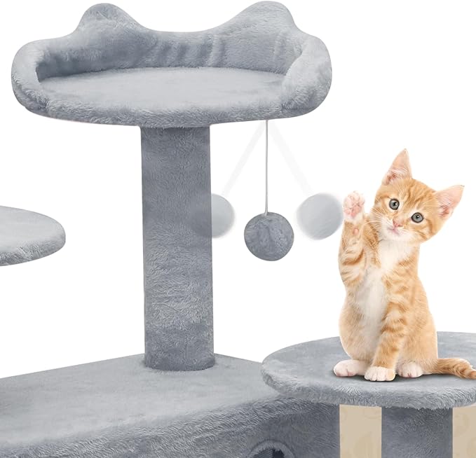 Athena Collection 70 Inch Cat Tree for Indoor Cats, Multi-Level Activity Center With 2 Condos, Scratching Post & Dangling Ball, Tall Climbing Tower, Light Gray