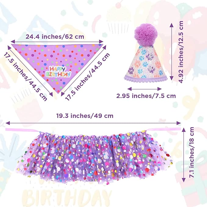 Dog Birthday Bandana with Hat and Dress Girl Set Puppy Birthday Party Supplies Cute Tutu Skirt Outfit for Small Medium Large Dogs Decorations(Purple) (Light Purple)