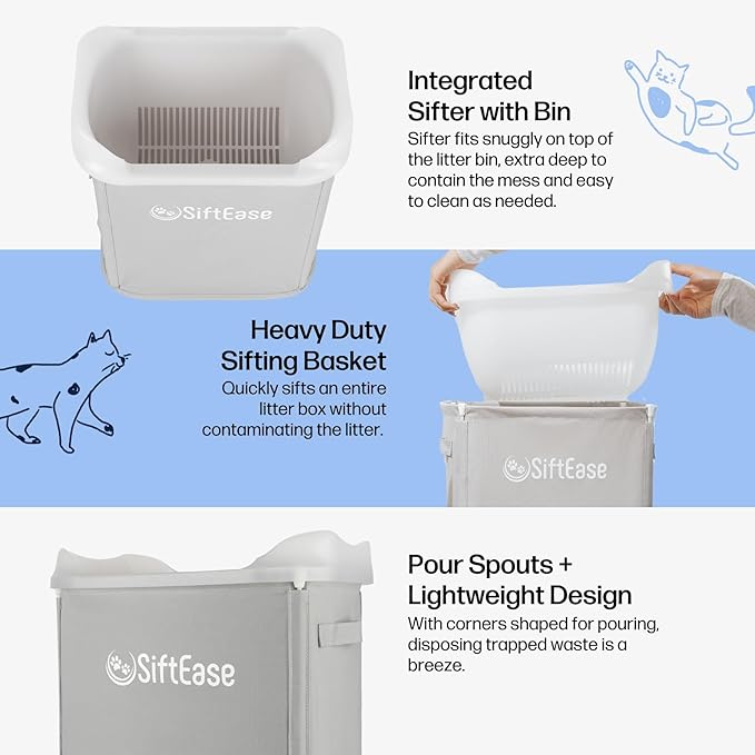 Cat Litter Sifter - SiftEase Sifting Litter Box Cleaner, Large Litter Box Sifter with Bin for Fast & Easy Scoop Free Cleaning and Longer Lasting Litter (2 Pack)
