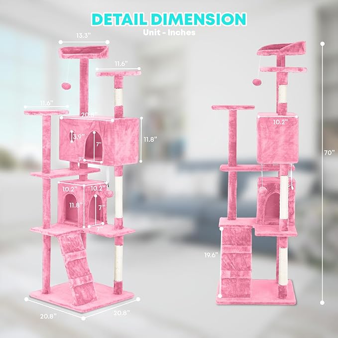 FDW | 70" Cat Tree Tower | Pink | Multi-Level Indoor Activity Center with Sisal Scratching Posts, Condos, Plush Perches, Hanging Cat Toys | Sturdy, Easy to Assemble | for Kittens & Adult Cats