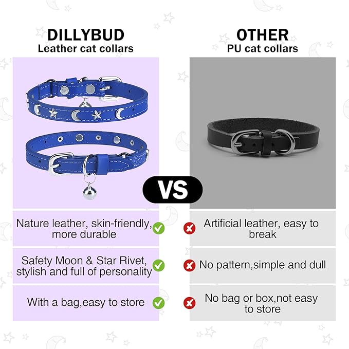 Leather Cat Collars for Boy Girl Cats with Bell and Safety Elastic Belt, Personalized Star and Moon Stud Adjustable Safe Buckle Collar for Kitty Small Big Cats Size 7-9 Inch, Blue