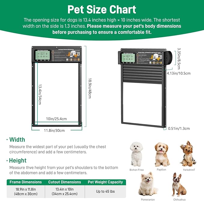 Automatic Pet Door, Dog Door Radar, Timer & Light Sensor Modes, Solar & USB Rechargeable Doggy Door, Durable Aluminum, Weatherproof, 10"×13", 24/7 Operation for Small Pets Up to 45 lb (White)