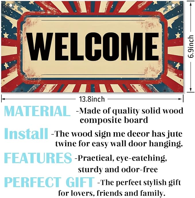 Welcome Sign for Front Door, Welcome Decor Wooden Hanging Sign for Wall Decor, Retro America Wall Hanging Signs, Funny Wooden Outdoor Front Door Decoration 13.8X6.9 inches