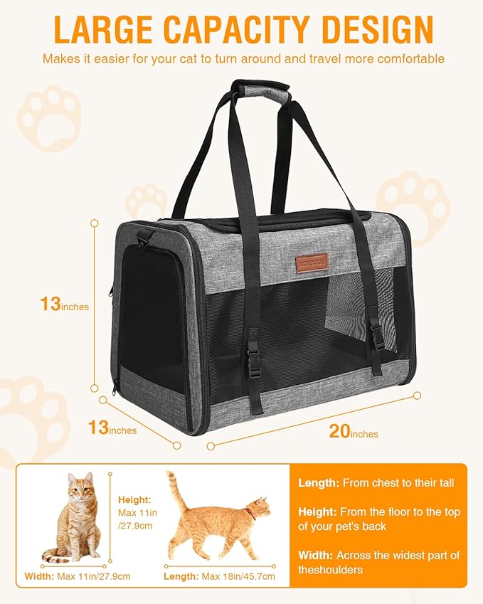 PETUX Large Pet Carrier for Large Cats ＆ Small Dogs - Up to 20Lb, Top and Side Entry, 4 Side Breathable, Foldable Soft Cat Travel Carrier with Safety Car Seat Buckle and Anti-Scratch Mesh - Grey