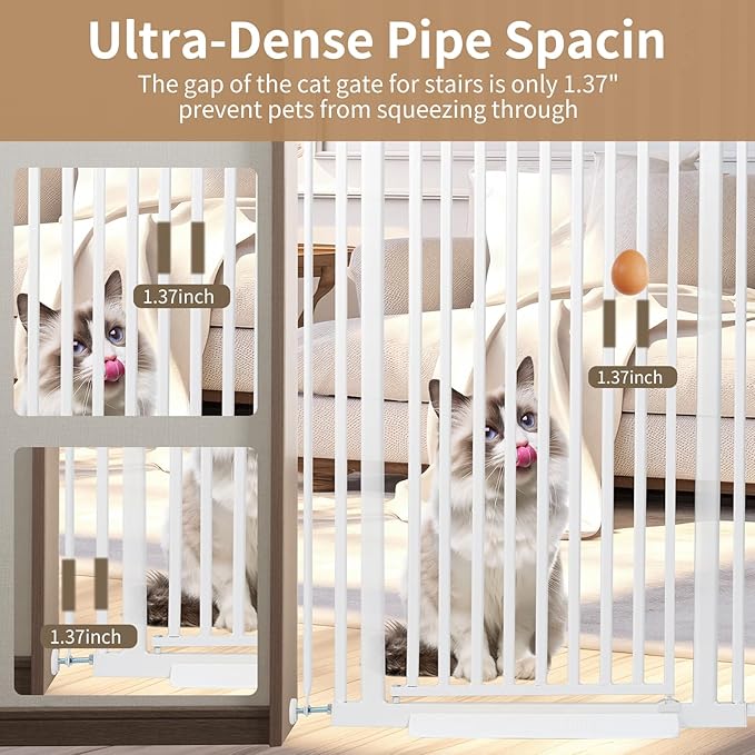 59“ Extra Tall Cat Gate for Doorway: 33.4-37.4” Wide Pet Gate, Auto Close/One Handed Open, 1.34” Extra Small Gap, No Drill Pressure Mount Tall Cat Gate for Interior Stairs/Kitchens/Hallways (White)