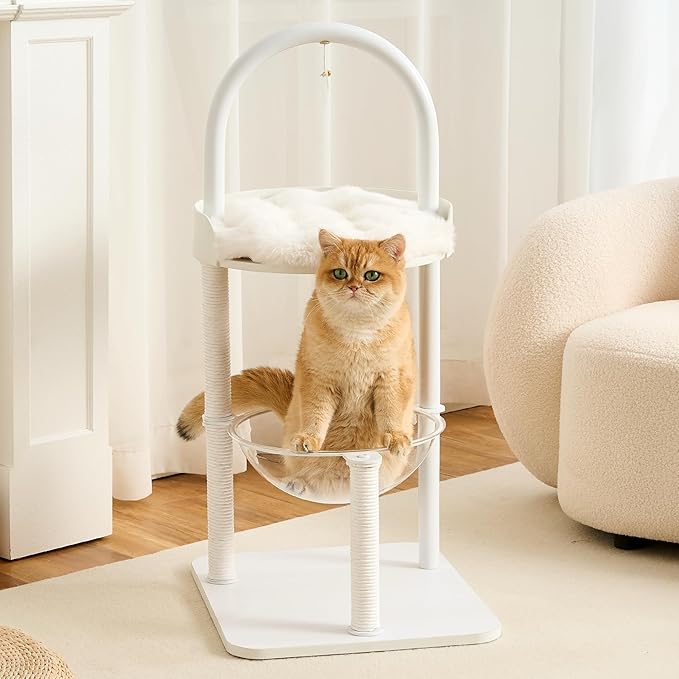 Modern Cat Tree Tower for Indoor Cats up to 12lbs, 34" H Furniture-Style Metal Cat Tower with Scratching Posts, Wood Cat Bed with Soft Plush Cushion Washable, Acrylic Capsule, Soft White