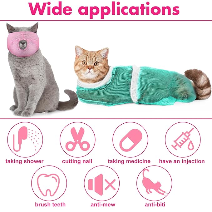 10 Pcs Cat Bathing Bag Set Pet Mesh Shower Bag Anti Bite and Scratch Pet Grooming for Washing Brush, Cat Muzzle, Nail Clipper, Nail File, Tick Tool(Blue and Pink)
