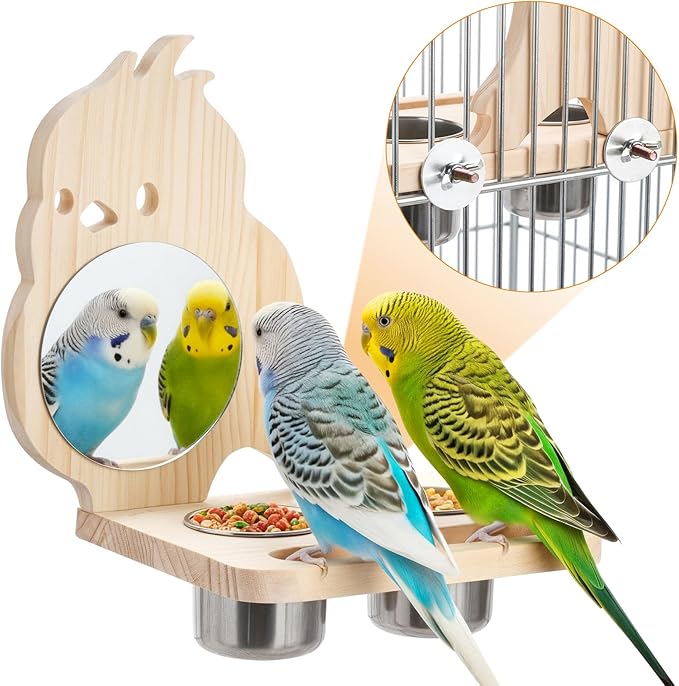 Feeder with Acrylic Mirror & Stainless Steel Bowls, Natural Wood Perch, Cage Accessories, Parakeet Cage Supplies, Tool-Free Adjustable Kit for Parakeet, Cockatiel & Lovebird