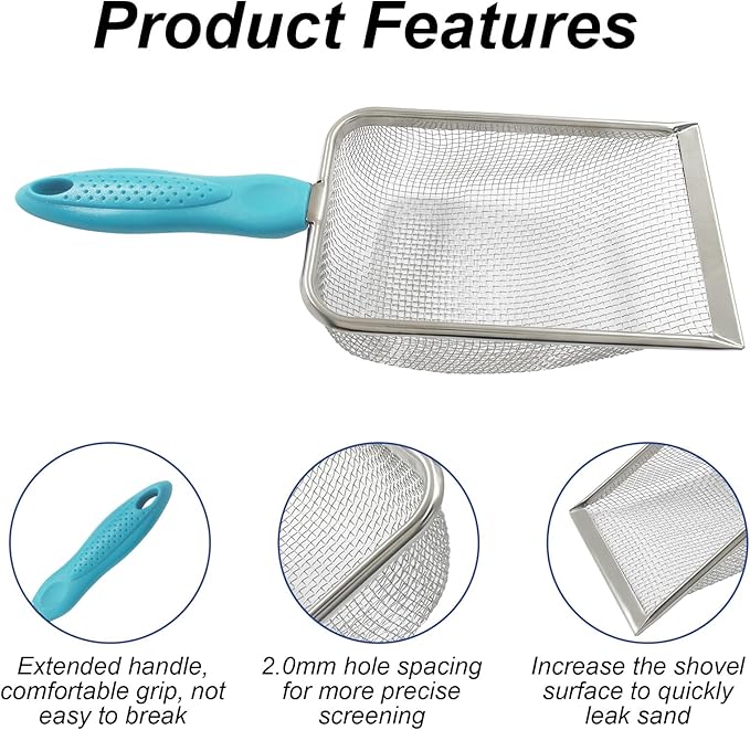 Murtenze Stainless Steel Cat Litter Scoop, Non-Stick Coated Metal Fine Sand Litter Scoop, Mesh Shovel for Reptile Kitten Pooper (Blue, 2mm mesh)