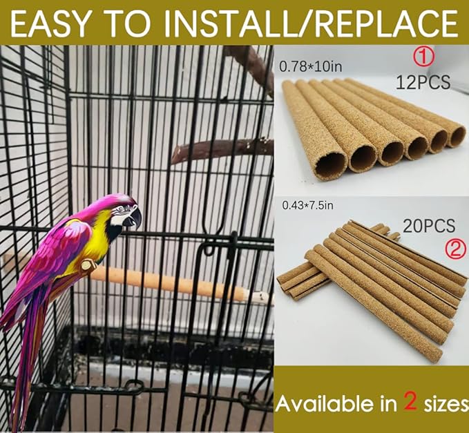 12Pcs Sand Perch Covers for Birds - Large Bird Perch Covers 10" Long x 0.78" Diameter Bird Perches for Parakeets, Lovebirds, Parrotlets, Canaries and Other Small Birds(Yellow, 12pcs 10" x 0.78")