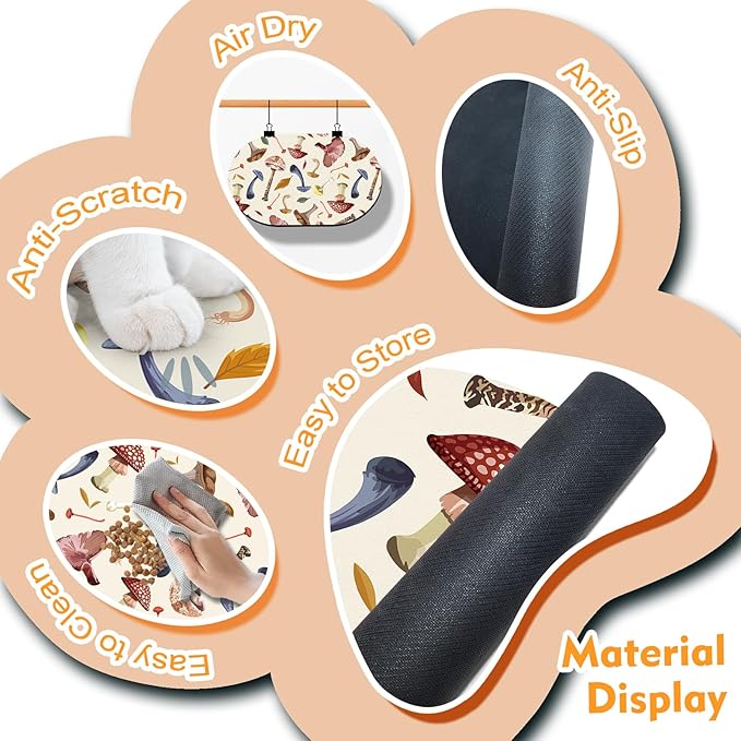 Dog Food Mat 20''x12'', Small Pet Feeding Mat, Non-Slip Rubber Pet Food Mat, Absorbent Cat Dog Water Bowl Mat for Messy Drinkers, Dogs Bowl Placemat for Food and Water, Mushroom