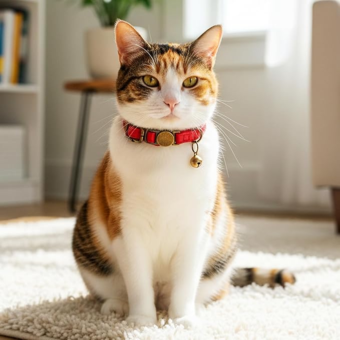 Red Cat Collar, Breakaway Leather Cat Collar Adjustable Red Kitten Collars with Bell Quick Release Buckle for Most Cats and Kittens