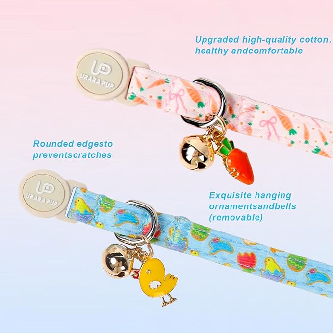Cat Collar,2Pack Easter Day Cat Collars Cute Breakaway Kitty Collars,Easter Chicks & Carrots Cat Collar with Bell, Spring Pink Bow Kitten Collars with Safety Buckle for Girl & Boy Cats