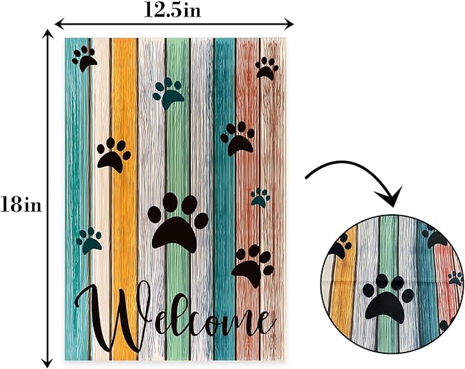 Welcome Paw Garden Flag,Welcome Spring Summer Garden Flag Colorful Footprint Summer Flag,Cat Dog Paws on Colorful Wooden Plank Yard Flag. 12x18 Double Sided