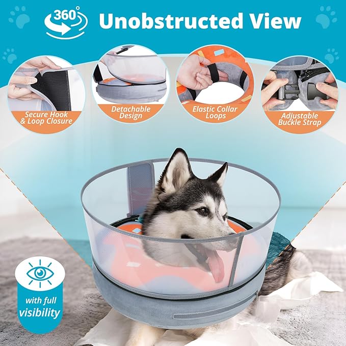 Inflatable Dog Cone with Transparent Shield, Protective Dog Donut Collar After Surgery to Stop Licking, Soft Donut Cone for Medium Pets, Adjustable Recovery Collar with Buckle Visibility