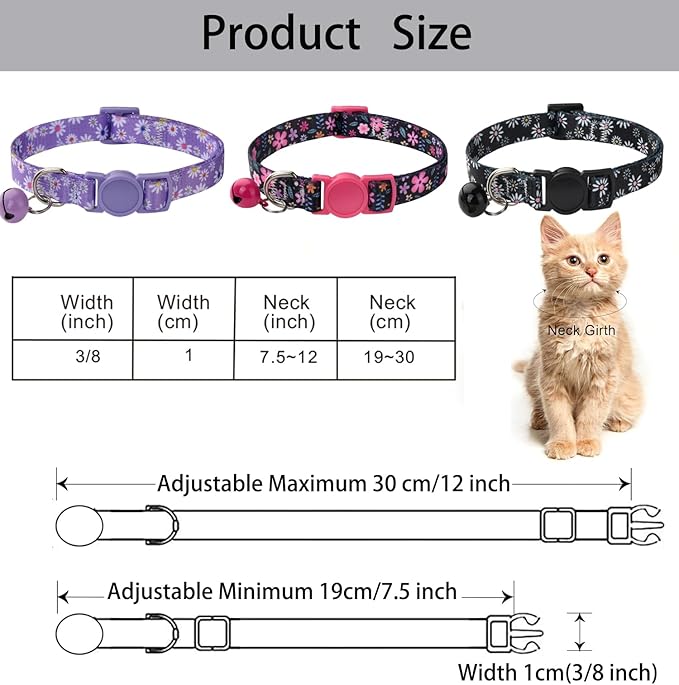 Cat Collar Breakaway with Bells, 3 Pack Girl Boy Pet Cat Collar with Bohemia Floral Tribal Geometric Patterns, Adjustable 7.5-12 Inch, with Safety Buckle for Kitten Cat(Set D)