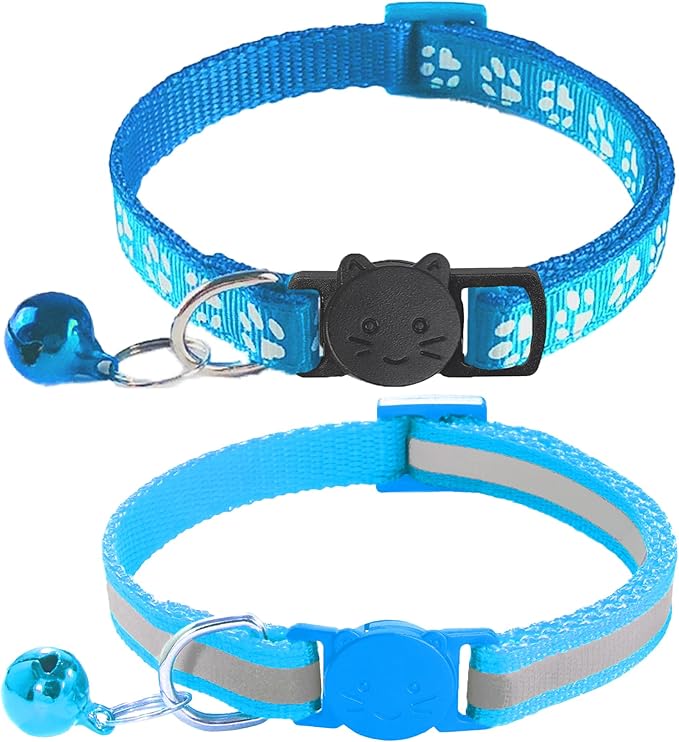 2 Pack Breakaway Cat Collars with Bells, Reflective Design and Claw Print Design, Safety Buckle Kitten Collars Adjustable from 7.5 to 12.5 Inches (Sky Blue)