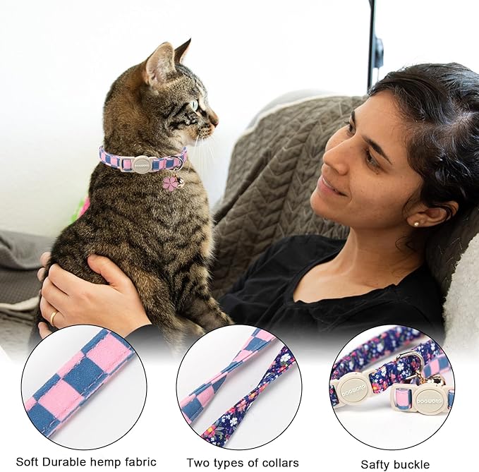 2 Pack Flower Cat Collars Breakaway with Bell, DOGWONG Safety Buckle Blue Plaid Cute Cat Collar for Girl Boy Cats，Adjustable 7-12 Inch