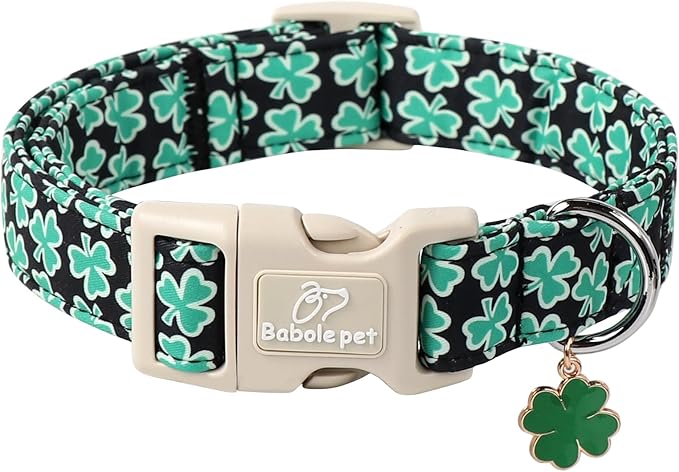 St Patricks Day Dog Collar for Medium Dogs - Green Lucky Shamrock Boy Dog Collars, Irish Clover Pattern Black Male Puppy Collar with Quick Release Buckle M
