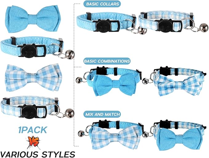 2 Pcs Boy Cat Collar with Bell Breakaway Cat Collars Cute Kitten Bow Tie Collar Adjustable Small Puppy Safety Collar Solid Color Plaid Pet Collar (Blue)