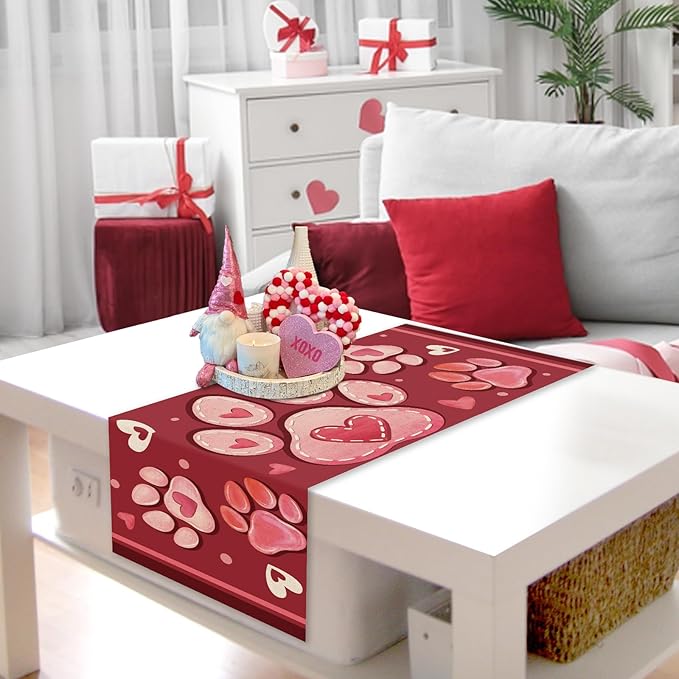 Valentines Day Dog Cat Paw Prints Table Runner, Red Love Hearts Kitchen Dining Table Decoration Pet Lover Gift, Anniversary Wedding Burlap Indoor Outdoor Home Decor Party Supply 13 x 48 Inches