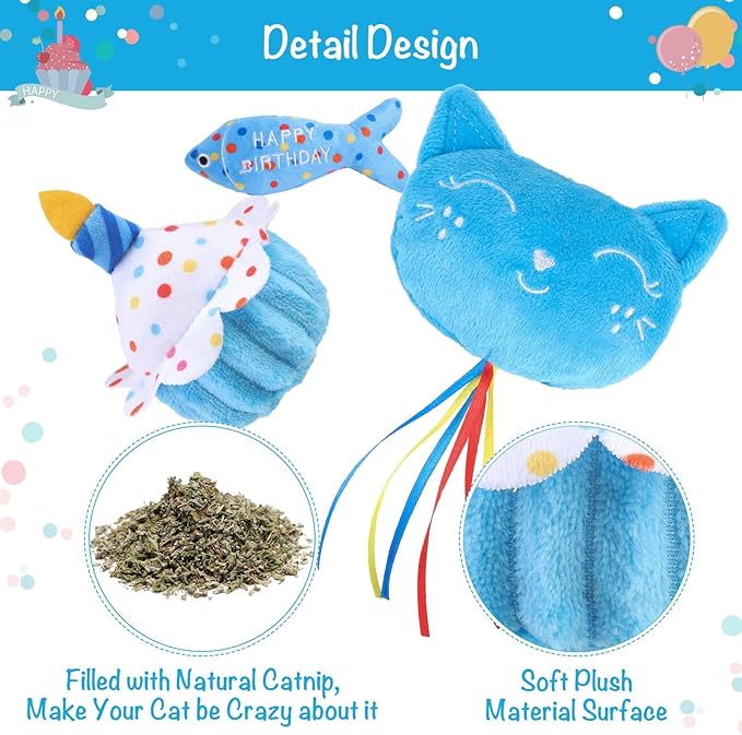 BINGPET Cat Birthday Catnip Toys for Indoor Cats, 5 Pcs Cat Birthday Gift Kitten Interactive Toys for Boy Girl Cats, Soft Plush Catmint Kitty Chew Kick Toy, Hat, Bandana, Balloon, Cake, Fish, Sky Blue