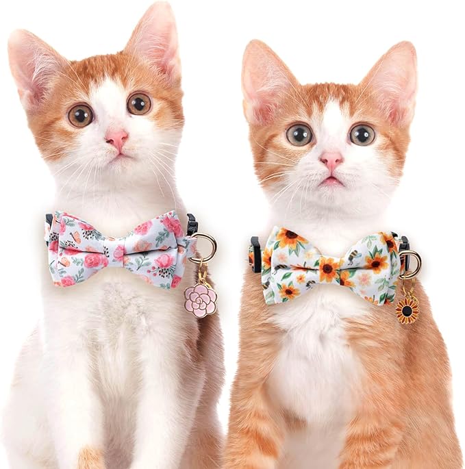 2 Pack Cotton Cat Collar with Bow Tie and Bell for Girl Boy Cats,Cute Pink Flamingo and Blue Whale Pattern Spring Summer Breakaway Cat Collar for Male Female Cats (Flower&Sunflower)