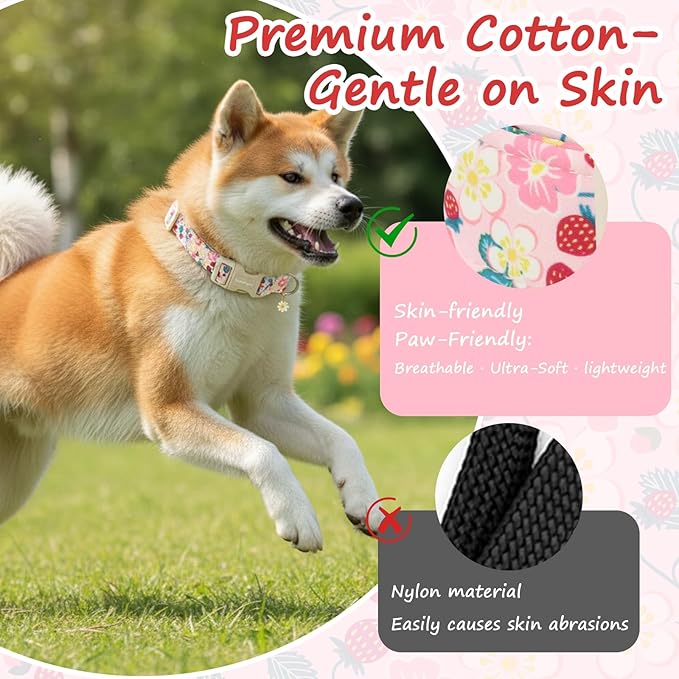 Dog Collar for Medium Dogs, Spring Pink Dog Collars with Strawberries & Flowers, Adjustable Medium Dog Collars, Cute Girl or Boy Dog Collar Ideal for Puppy Gifts,Pet Accessory