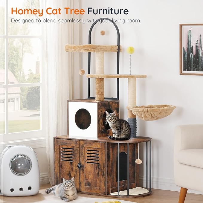 HOOBRO Cat Tree with Litter Box Enclosure, All-in-One 31.5" Cat Tower with Hidden Litter Box Cover Furniture for Indoor Cats, Versatile Cat Condo with Sisal Posts, Hammock, Rustic Brown FG45MZ03