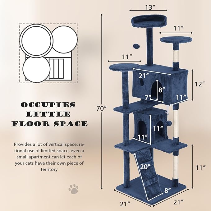 Heavy Duty Cat Tree Tower, 70" Tall Cat Tower for Indoor Cats with Cat Scratching Post with Bed, Cat Condo, Hanging Ball, Multi-Level Cat Climbing Tower Cat Trees Furniture Activity Center, Navy Blue