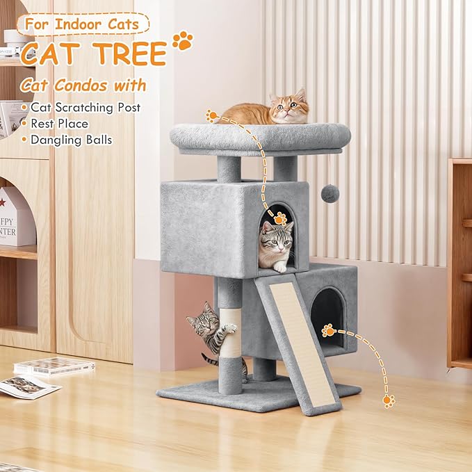 34'' Small Cat Tree with 2 Condos, Sisal Scratching Posts & Board, Multi-Level Climbing Tower for Indoor Cats, Sturdy Light Grey Cat Activity Center - Light Gray
