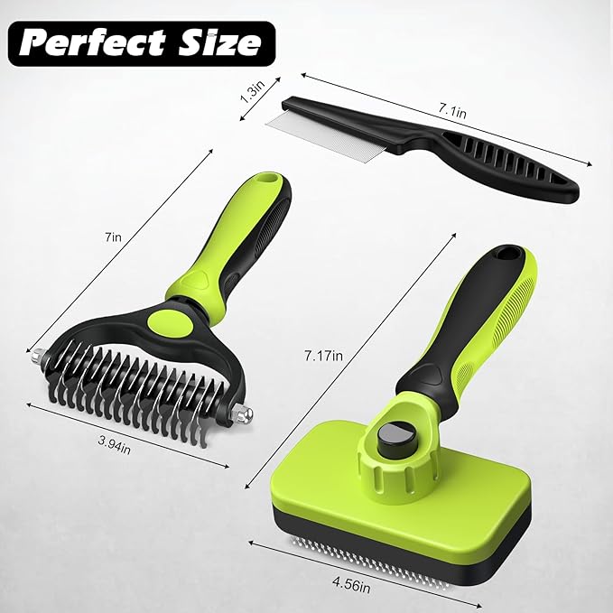 3PCS Self Cleaning Slicker Brush & Pet Grooming Rake & Flea Comb for Dogs,Cats and Horses | Double-Sided Dematting Comb & Skin Friendly Deshedding Grooming Tool (J-Green Black)
